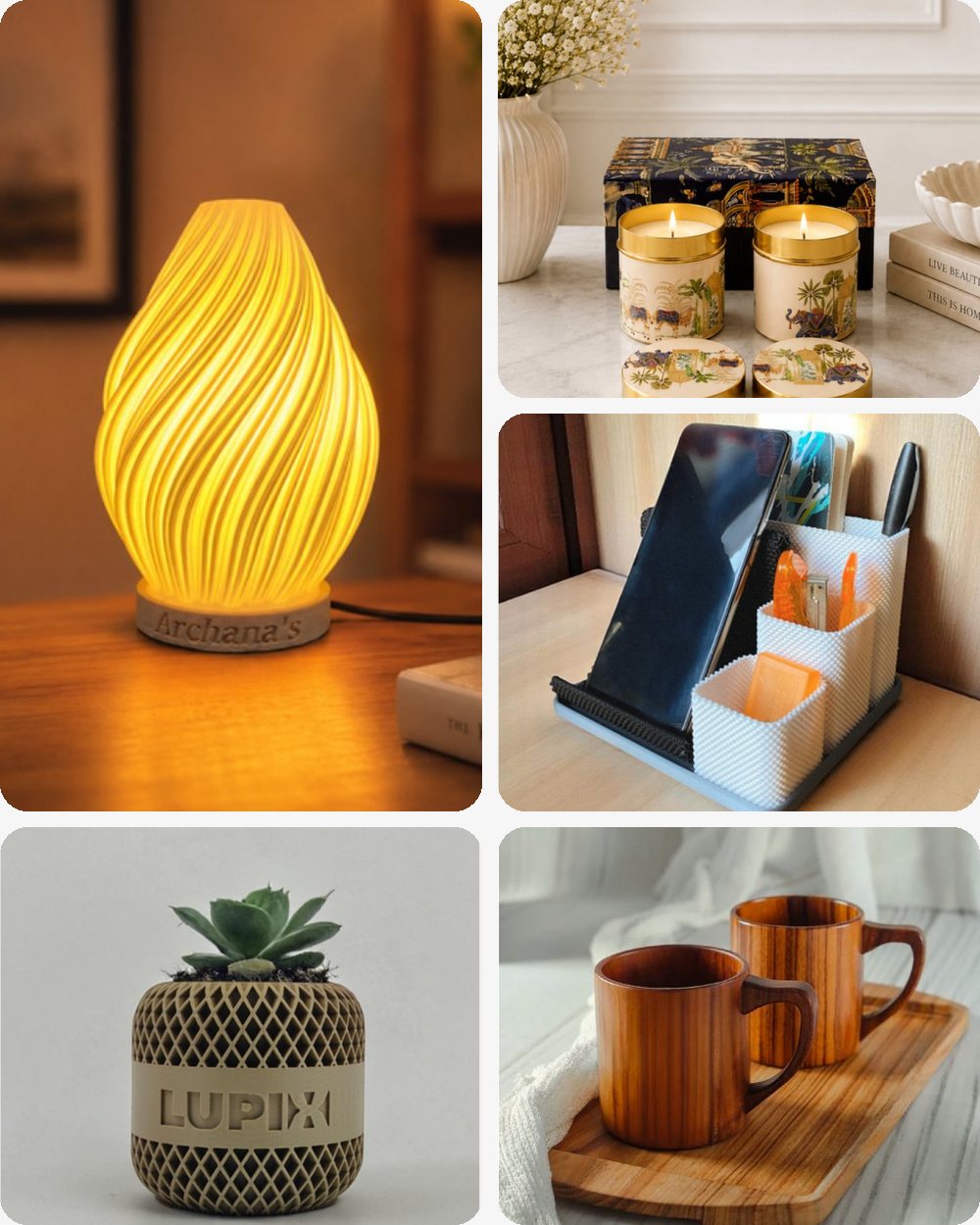 Corporate gift collection: sustainable lamp, luxury candles, desk organiser, planter and teak wood mugs